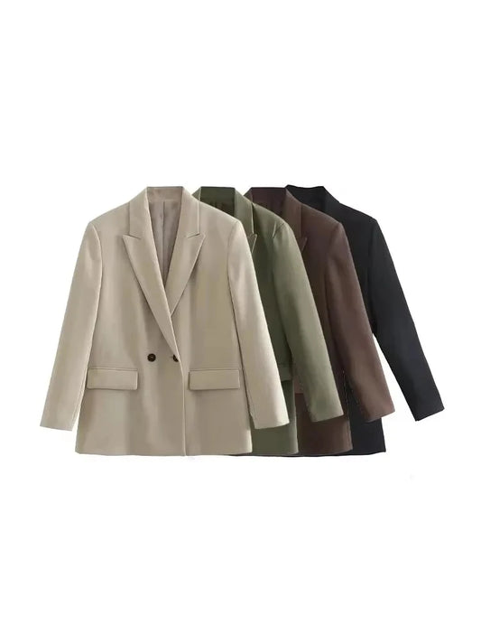 Women Fashion Double Breasted Loose Fitting Blazer Coat Vintage Long Sleeve Pockets Female Outerwear Chic