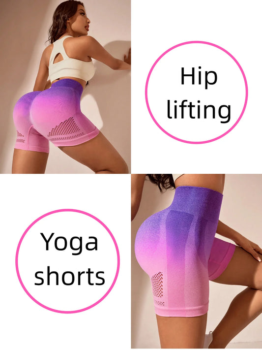 Hollow Gradient Yoga Shorts Hip Lifting High Waist Workout Shorts Fitness Women Ladies Gym Running Short Sportswear