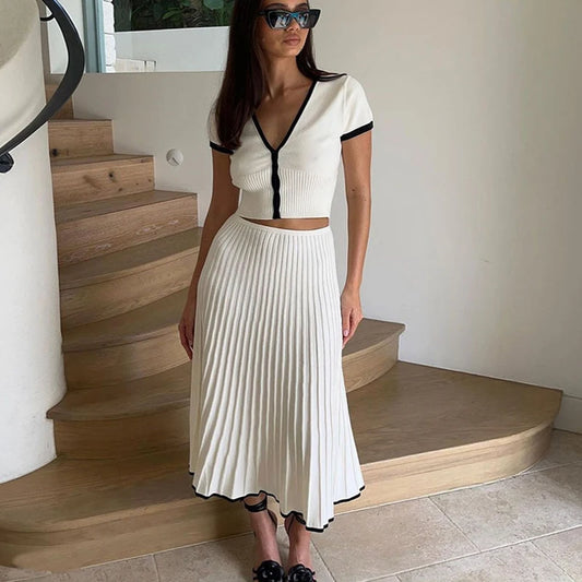 Summer Women White long Skirt Suit Short Sleeve V-neck crop top pleated set elegant dress 2 piece skirt set Plus Size S-3XL