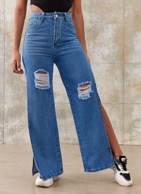 Women's Jeans Spring Fashion Side Slit Casual High Waist Button Pocket Design.