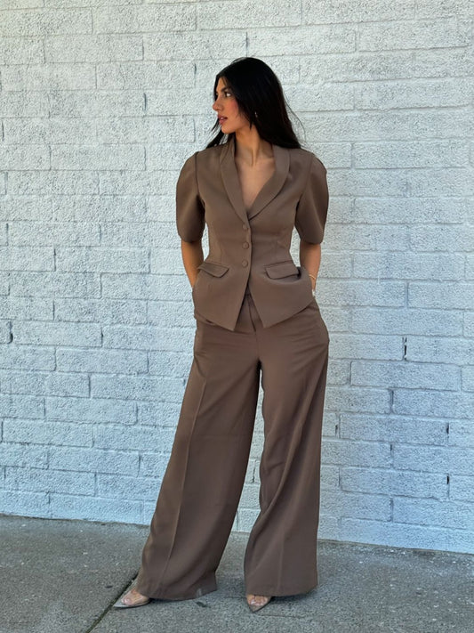 Elegant Solid Blazer Pants Sets Women Shoulder Pads Button Short Sleeve Jacket Wide Leg Trousers 2025 Spring Lady Street Outfits