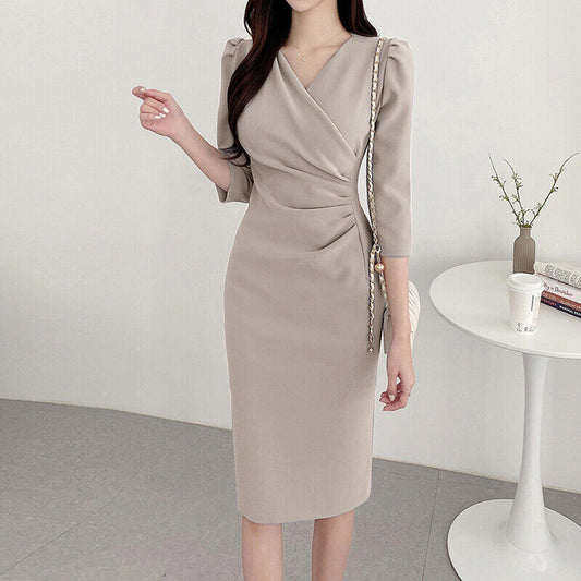 Summer Fashion Womens Dress Sexy Solid Color Knee Length Bodycon Sundress Elegant 3/4 Sleeve V-Neck Work OL Vestidos 2025